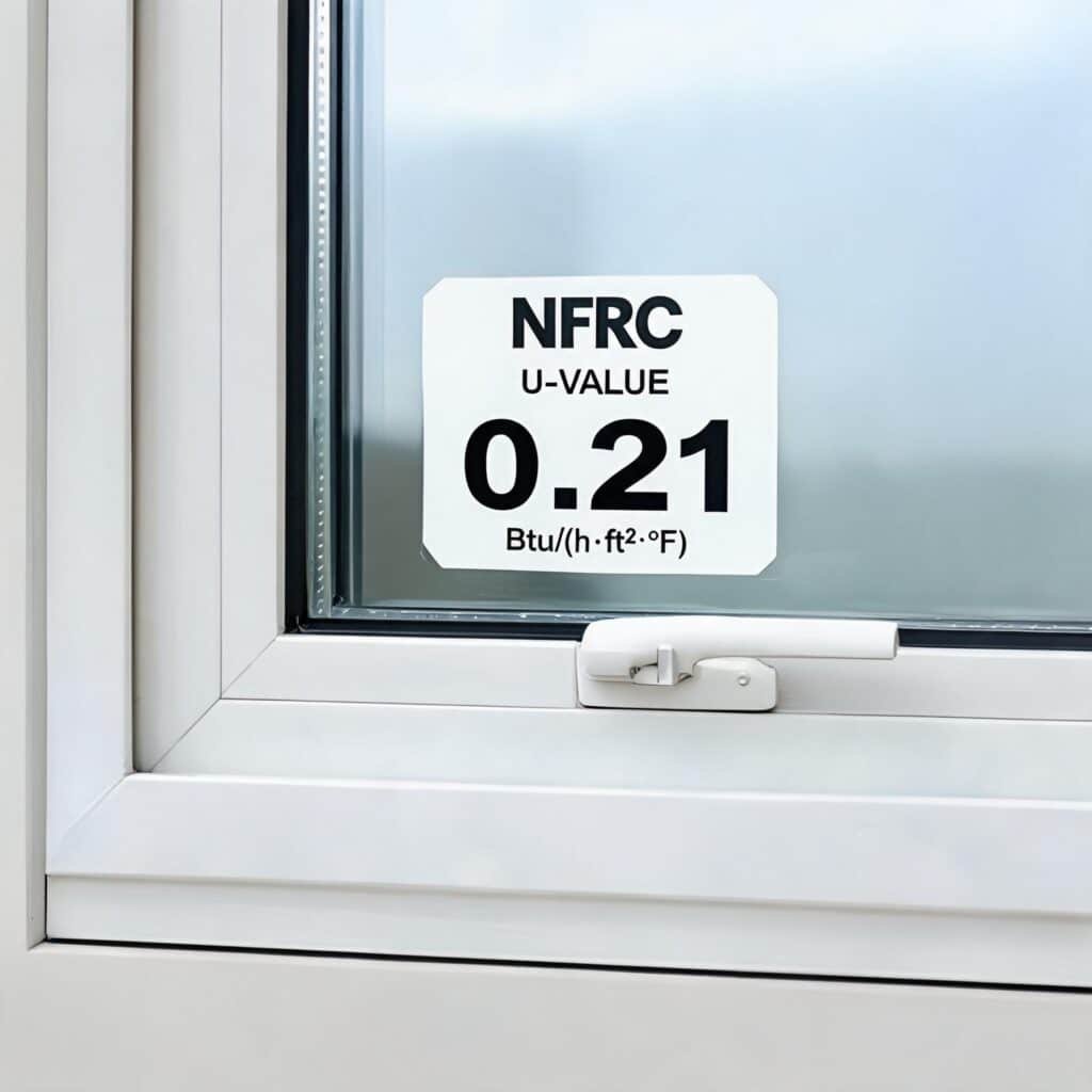 NFRC- sticker- showing -u- value - of - 0.21 - on - vinyl - tilt - turn - window