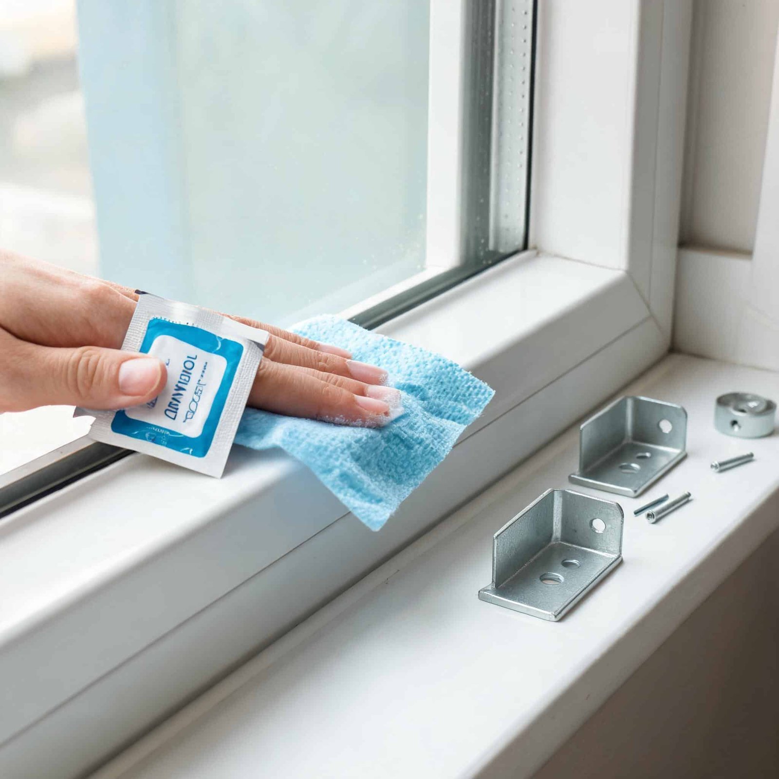cleaning-vinyl-window-frame-with-alcohol-wipe-before-mounting-brackets
