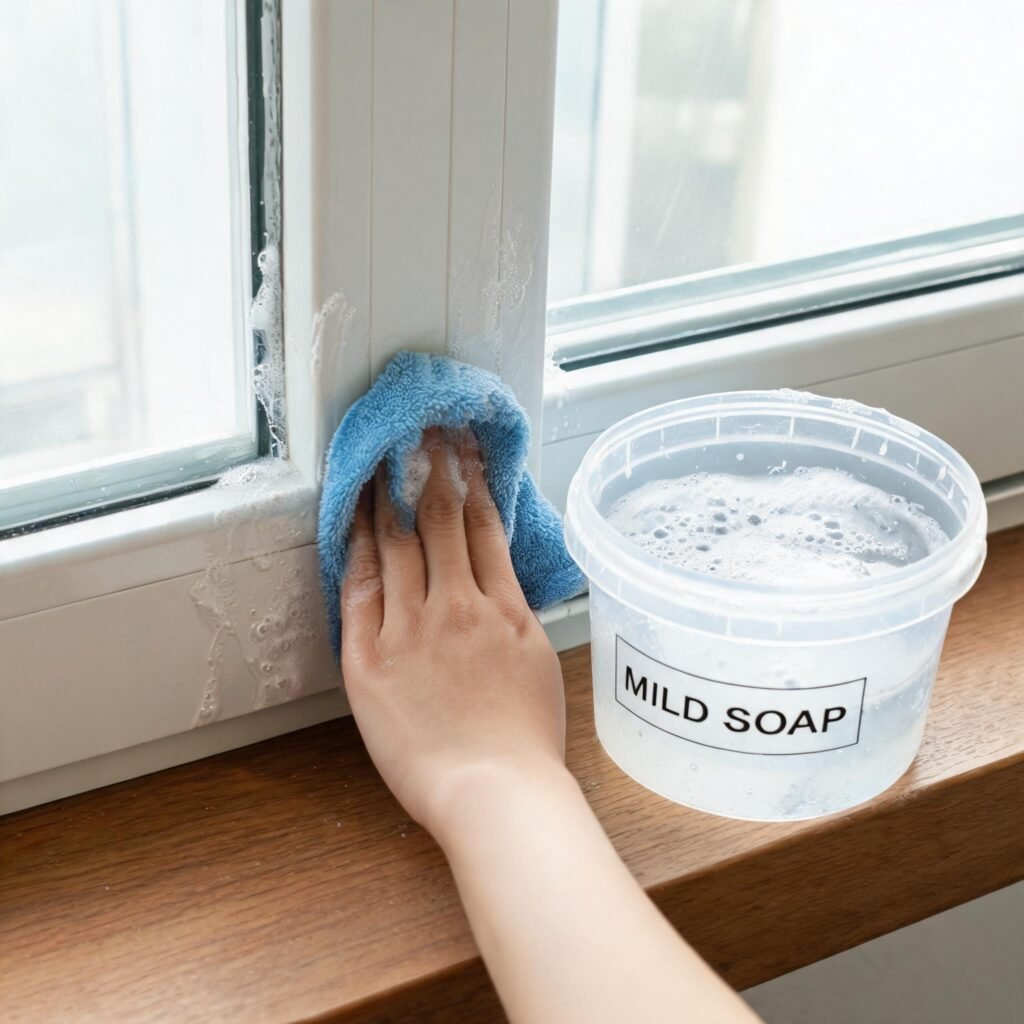 cleaning-vinyl-window-frame-with-mild-soap-and-microfiber-clothfrom door&window factory