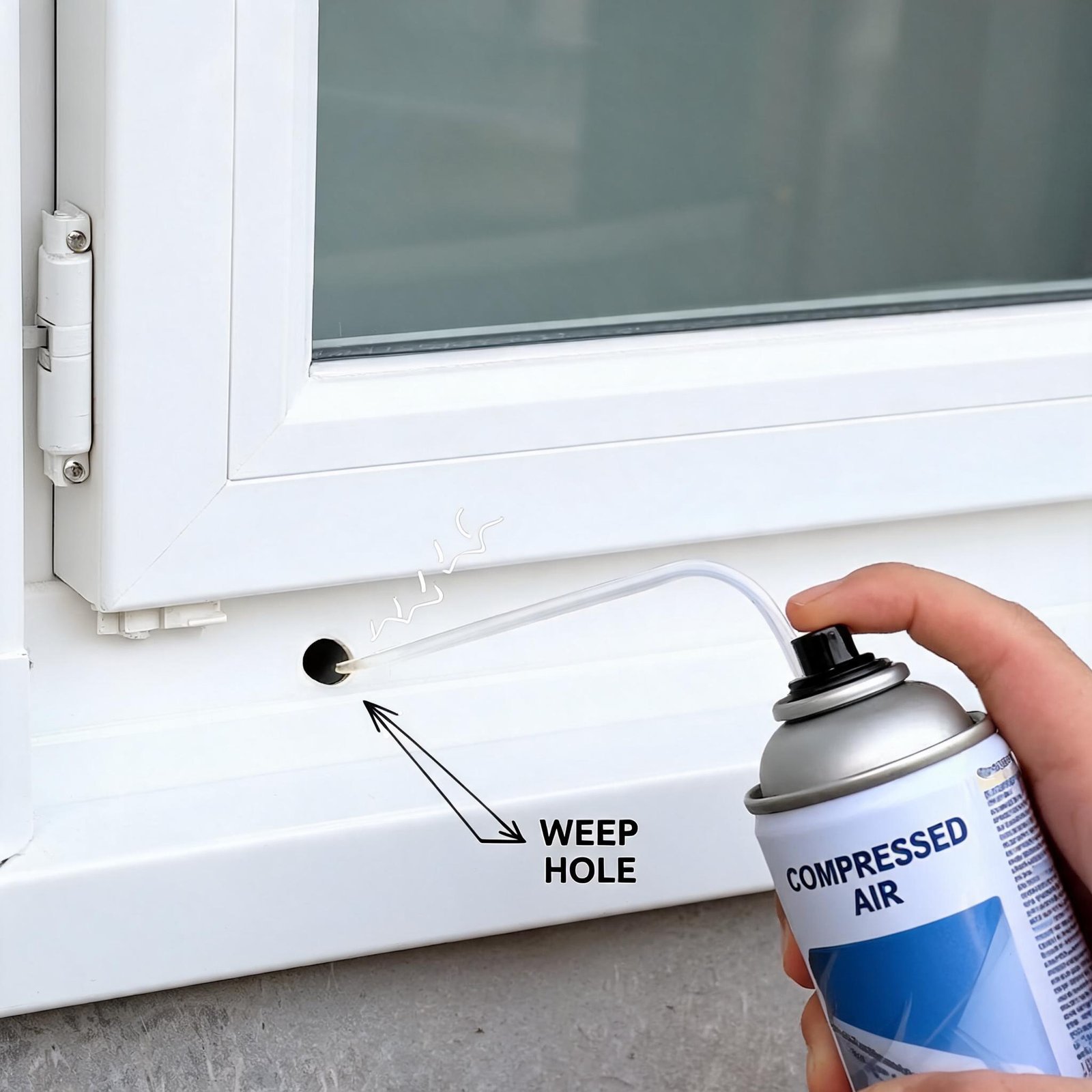 cleaning-weep-holes-vinyl-casement-window-with-compressed-air