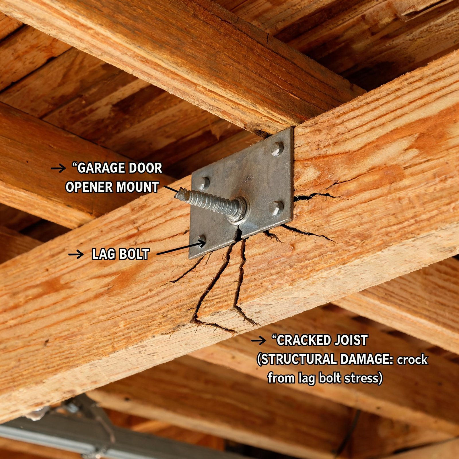 garage door opener lag bolt structural damage joist crack