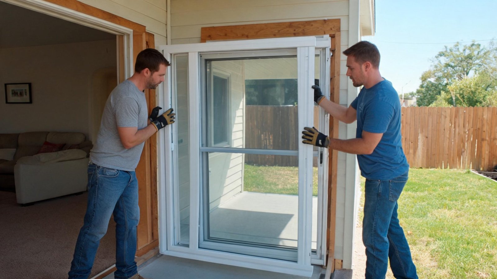 Superwindowhouse Custom sized sliding glass door replacement DIYhomeowner-installing-vinyl-sliding-door-with-helper