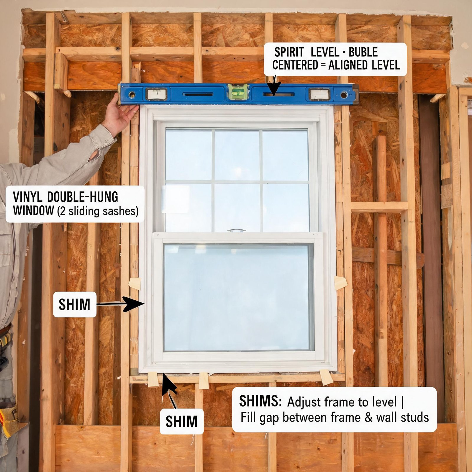 Superwindowhouse How Long Do Vinyl Double Hung Windows Last? professional-installing-vinyl-double-hung-window-with-level-and-shims