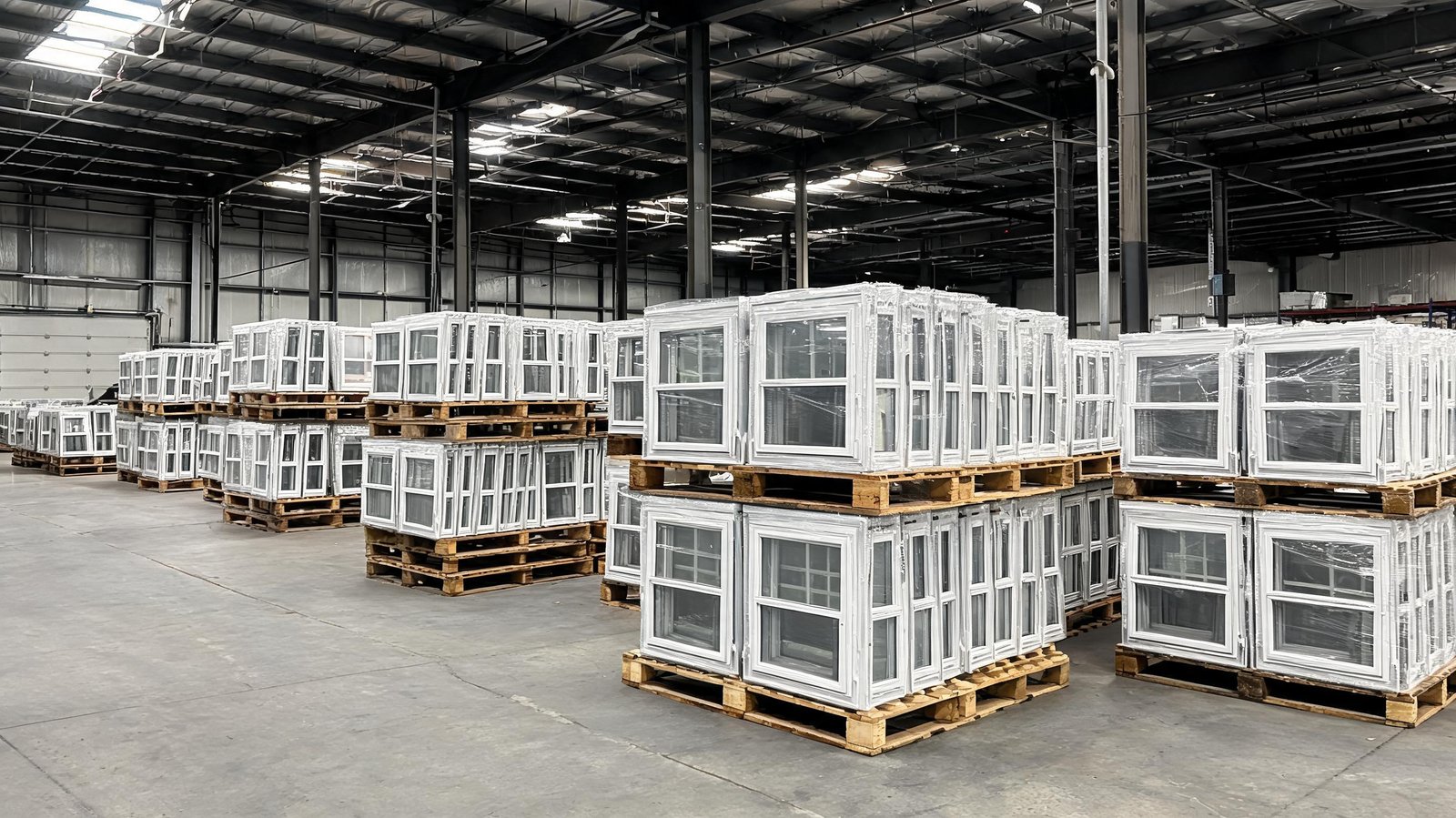 stacked-pallets-of-vinyl-double-hung-windows-in-warehouse