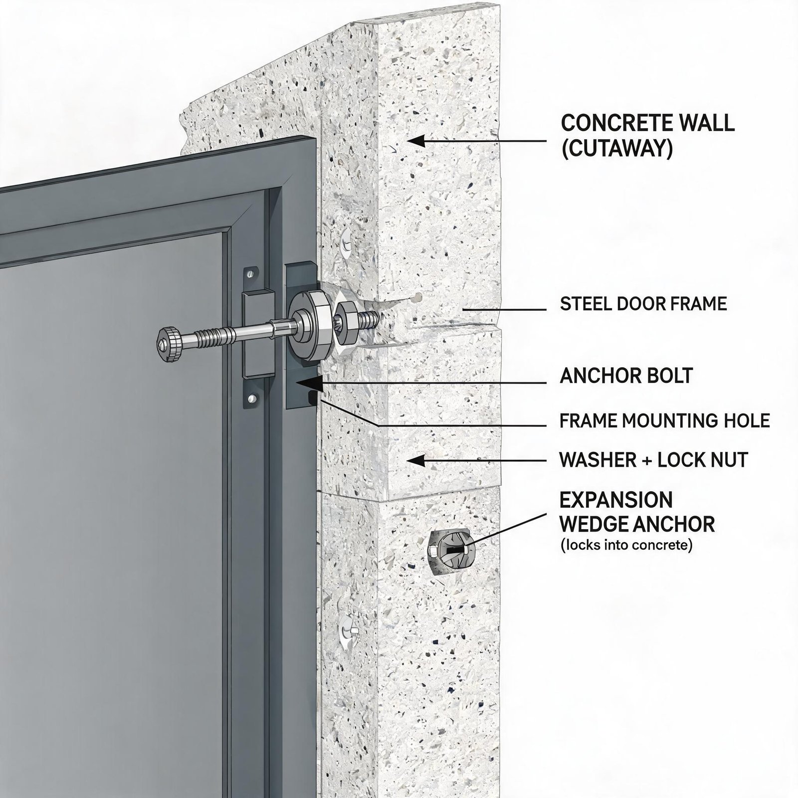 steel reinforced door frame anchoring system cutaway