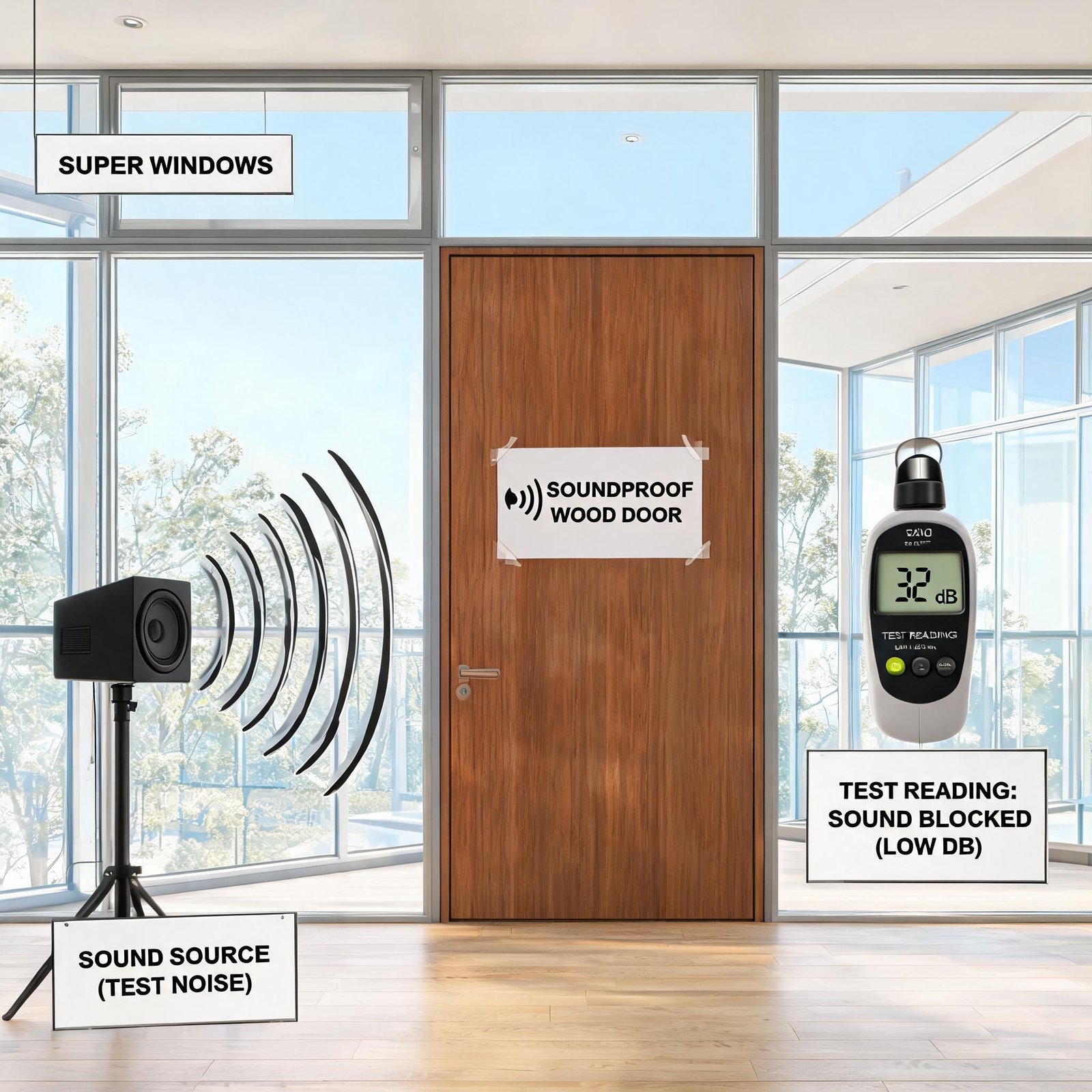 Superwindowhouse Sliding solid gate vs sectional garage door for driveway noise reductionsuperwindowhouse-interior-wood-door-soundproofing-test