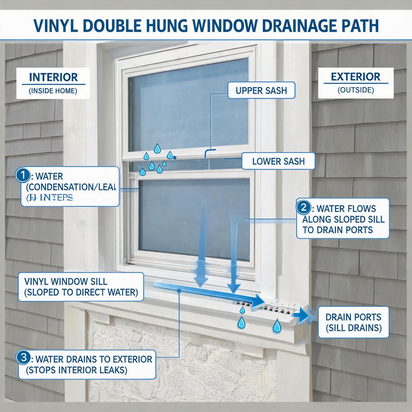 Superwindowhouse Water leak under windowsill after heavy rainvinyl-double-hung-window-sill-drainage-migration-path-visualization