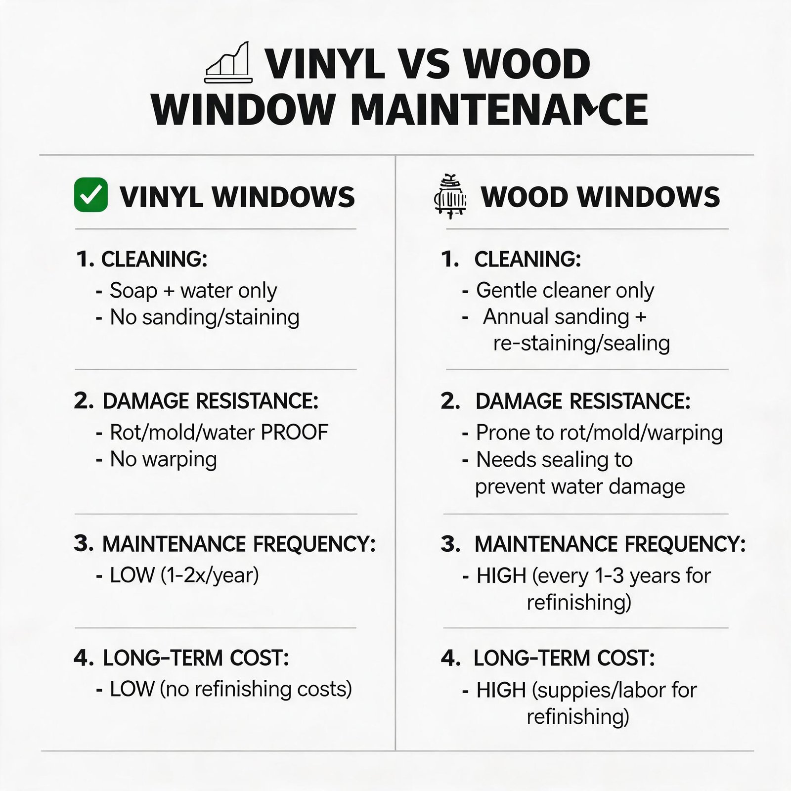 Superwindowhouse What Are the Benefits of Vinyl Single and Double Hung Windows?vinyl-vs-wood-window-maintenance-comparison-chart