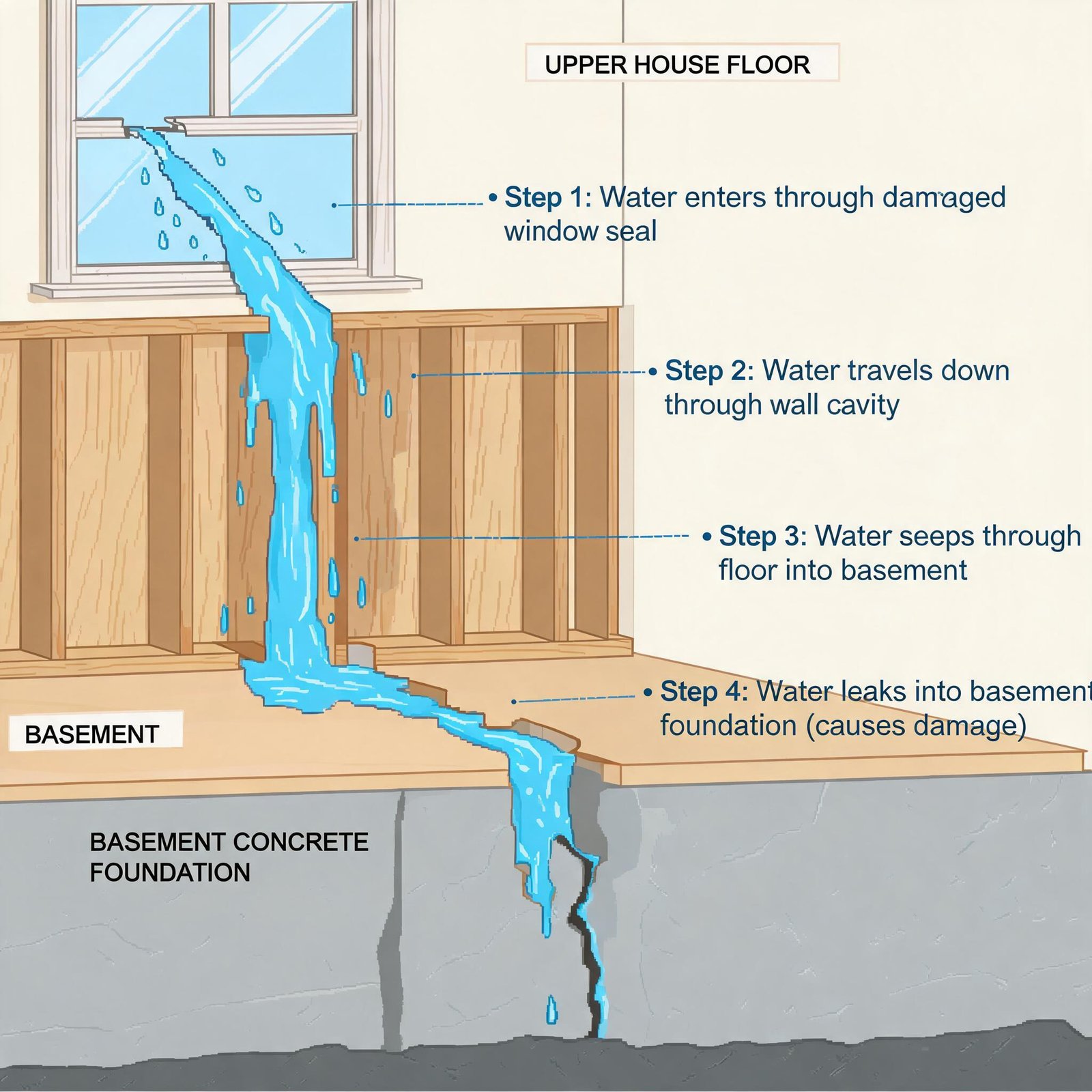Superwindowhouse Basement wall cracks foundation water leak moldwater-leak-path-from-window-to-basement-foundation-illustration